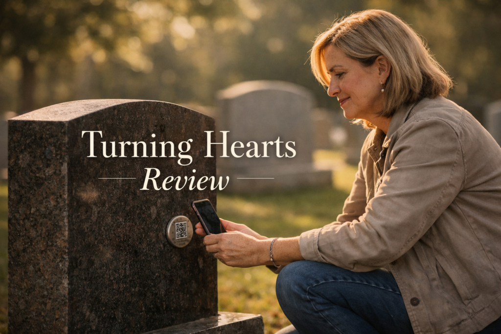 Woman kneeling at headstone scanning Turning Hearts QR memorial medallion with smartphone in sunlit cemetery