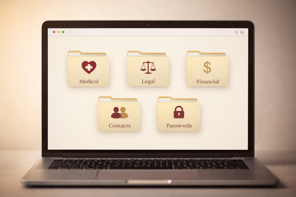 Your Digital Vault platform dashboard showing organized categories for medical records, legal documents, financial information, contacts, and password storage in a clean secure interface