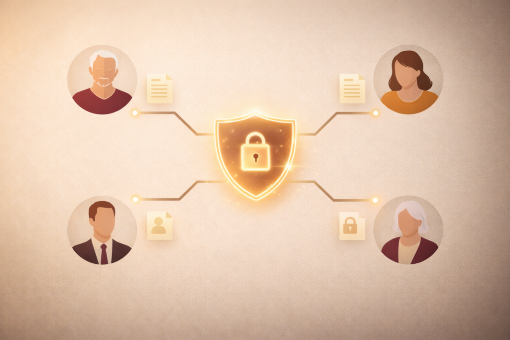 Illustration showing Your Digital Vault secure delegate access feature connecting trusted family members to shared estate documents with controlled permissions