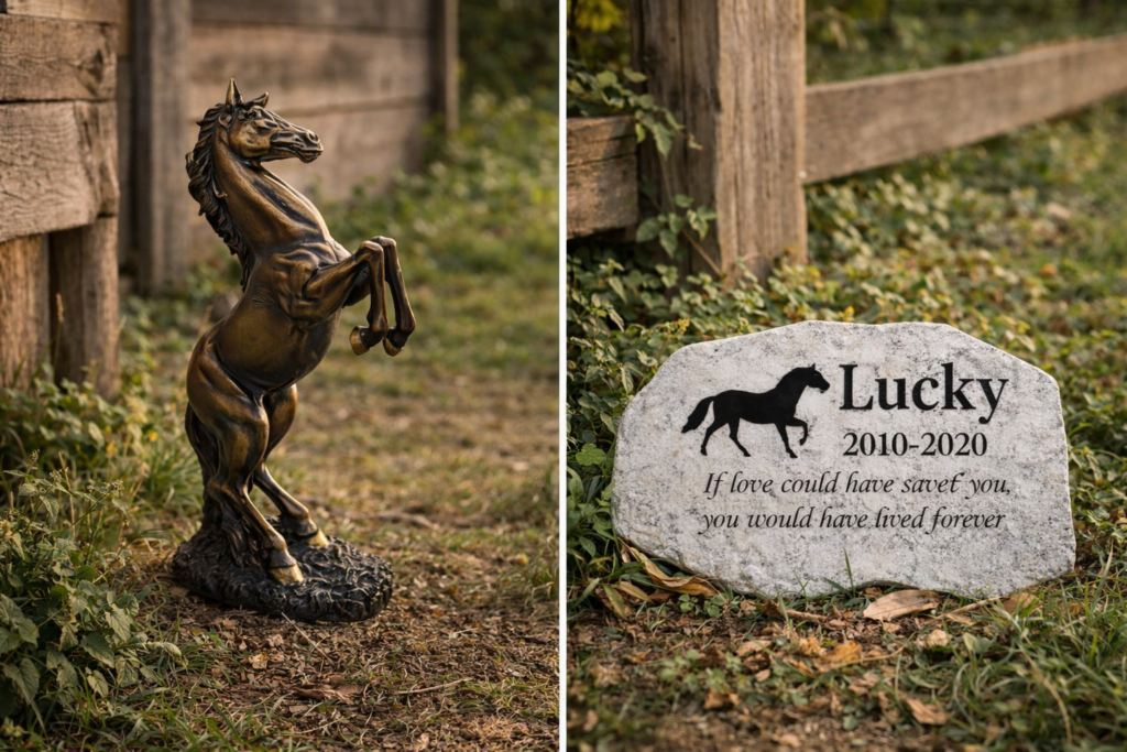 Bronze horse memorial statue placed outdoors in a soft green garden setting near a barn in warm late afternoon light
