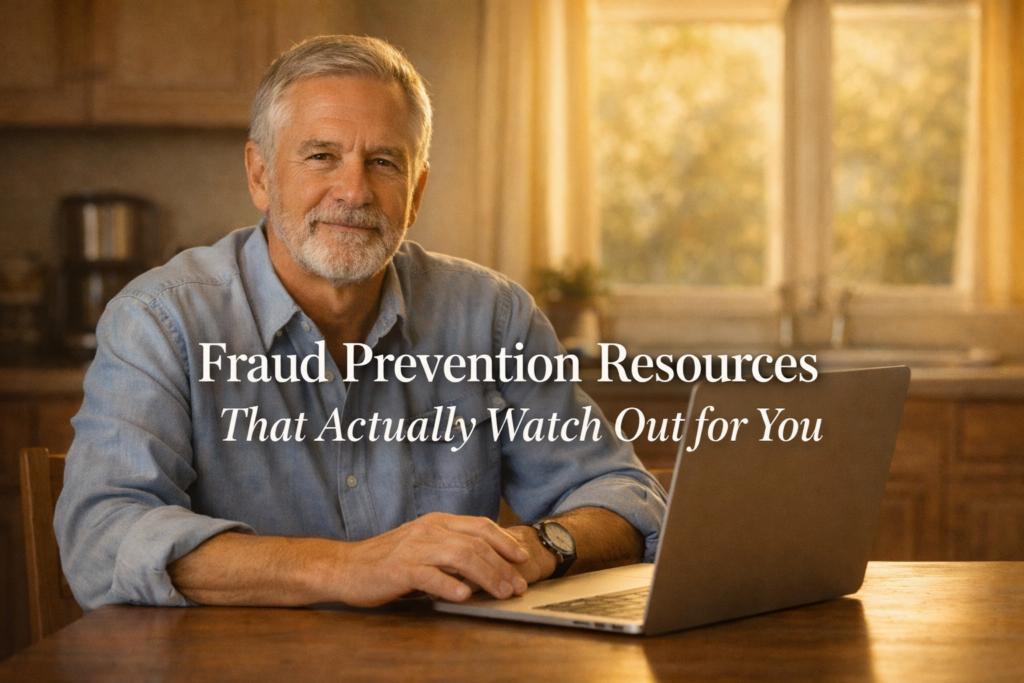 Man in his late 60s reviewing financial information on a laptop at a kitchen table in warm afternoon light