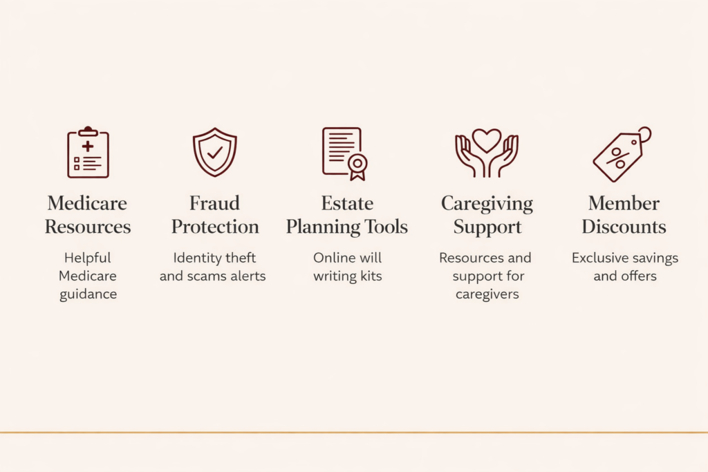 Infographic showing the five core AARP membership benefit categories including Medicare resources, fraud protection, estate planning tools, caregiving support, and member discounts