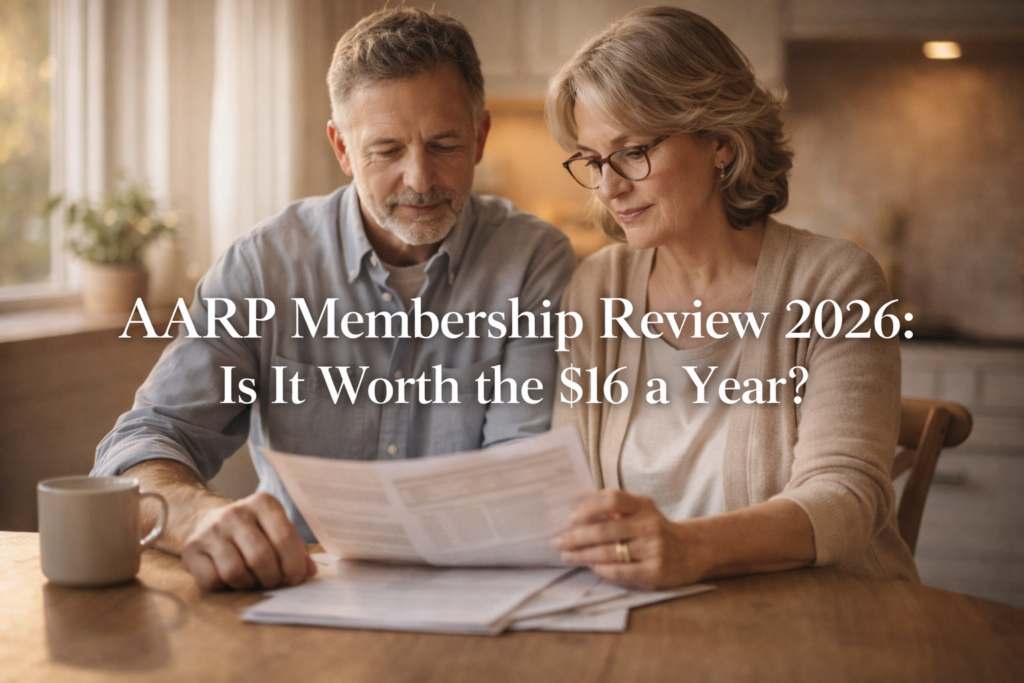 Couple in their early 60s reviewing AARP membership documents together at a kitchen table in warm afternoon light