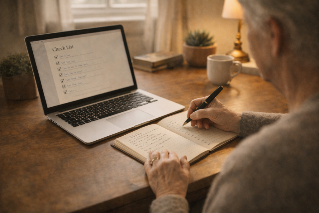 Older adult organizing a digital legacy plan at a home desk with a laptop and handwritten checklist in soft natural light