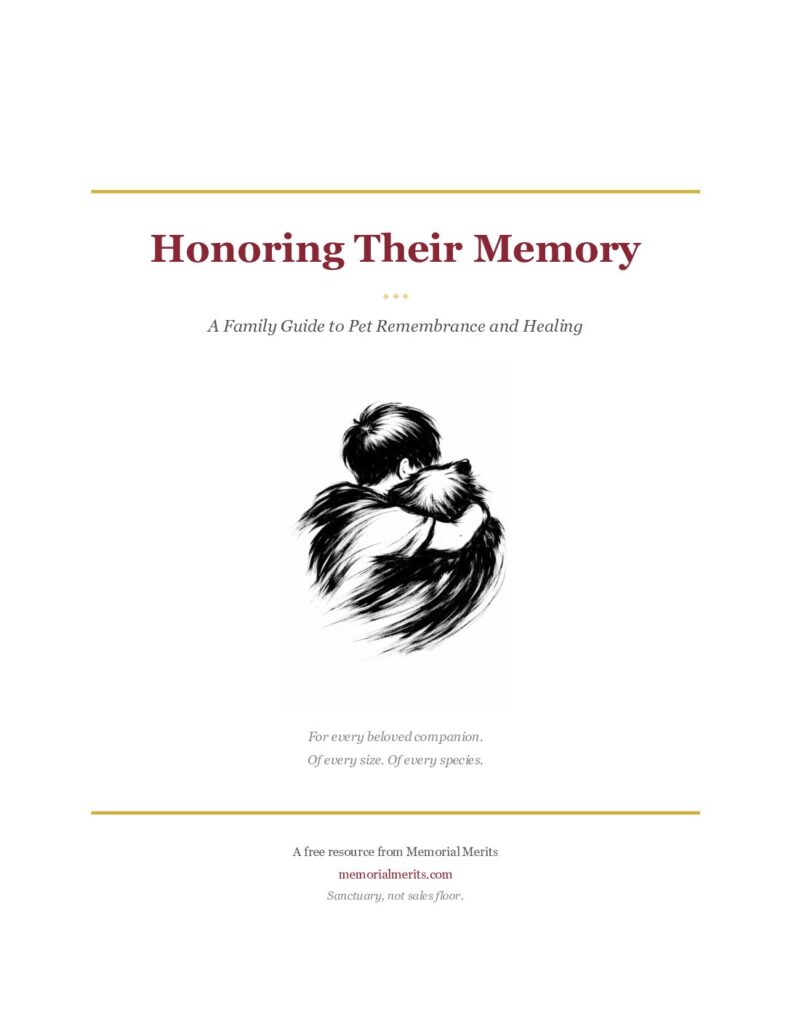 Cover of Honoring Their Memory family pet remembrance guide with ink brush illustration of child and dog