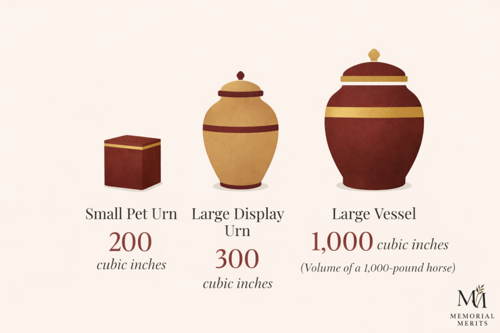 Infographic comparing cremation urn capacities showing 200 cubic inches for a standard pet urn, 300 cubic inches for a large display urn, and 1,000 cubic inches representing the full ash volume of a 1,000-pound horse