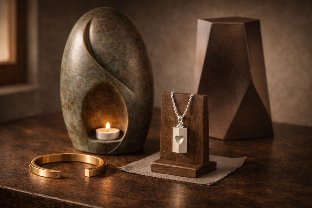 Styled editorial arrangement of a handcrafted cremation urn, a cremation jewelry pendant, and a personalized horse memorial stone together as a complete equine memorial tribute