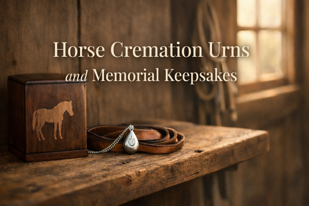 Dark wood horse cremation urn with engraved silhouette beside a cremation jewelry pendant resting on a folded leather strap on a barn shelf in warm afternoon light