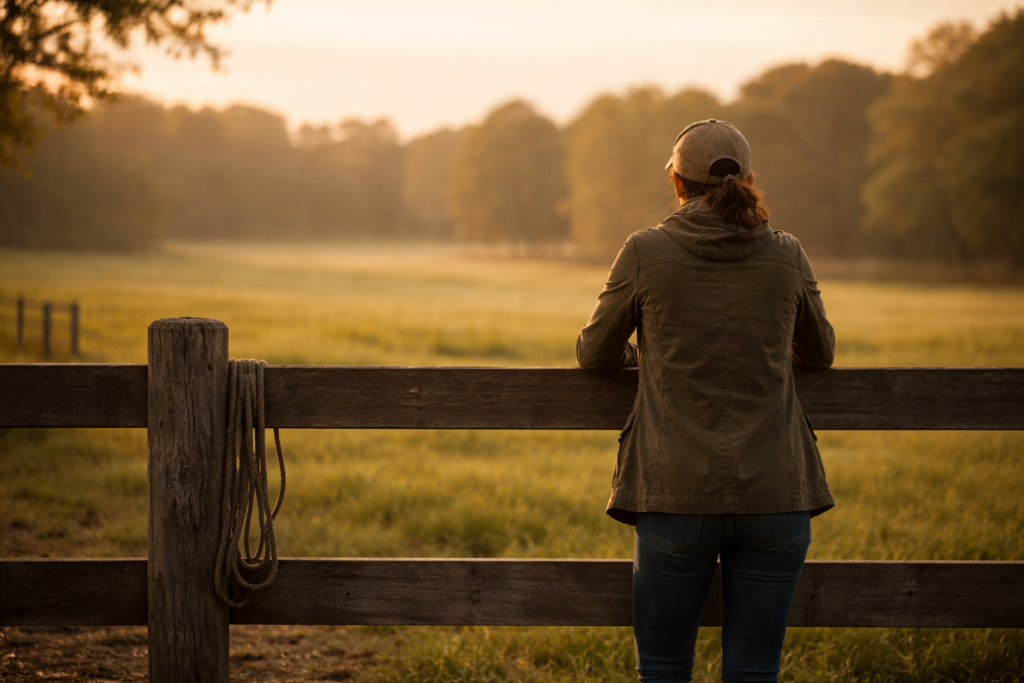 Horse owner standing alone at a wooden paddock fence in golden hour light looking out over an open field in a quiet moment of remembrance after losing a horse