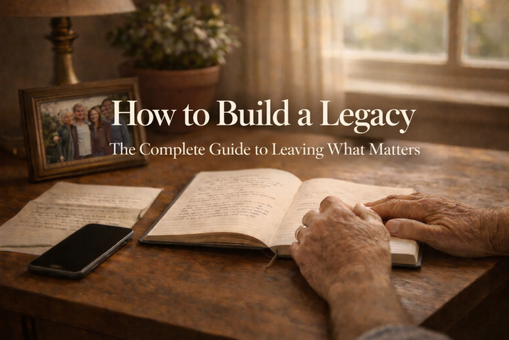 Older adult's hands resting beside an open journal, a handwritten letter, and a family photograph on a warm wooden desk