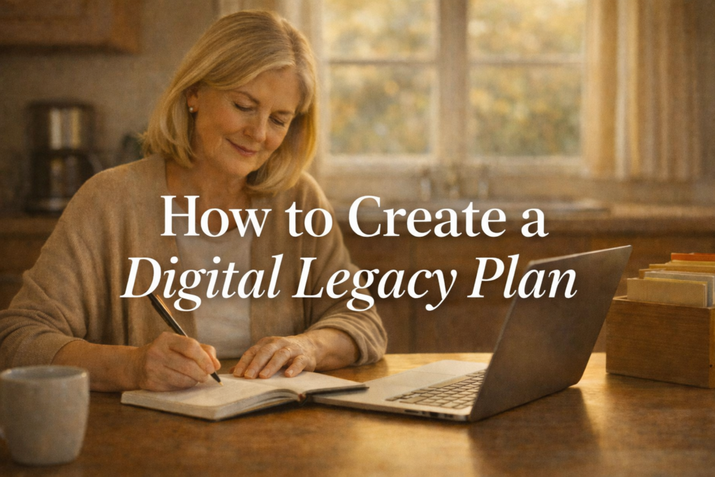 Woman writing in a legacy journal at a kitchen table with organized estate documents and a laptop nearby, creating a complete digital legacy plan for her family