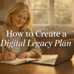 Woman writing in a legacy journal at a kitchen table with organized estate documents and a laptop nearby, creating a complete digital legacy plan for her family