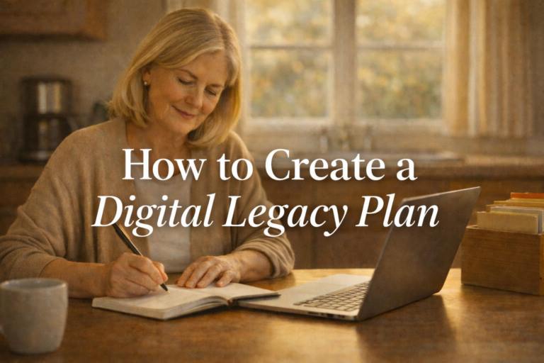 Woman writing in a legacy journal at a kitchen table with organized estate documents and a laptop nearby, creating a complete digital legacy plan for her family