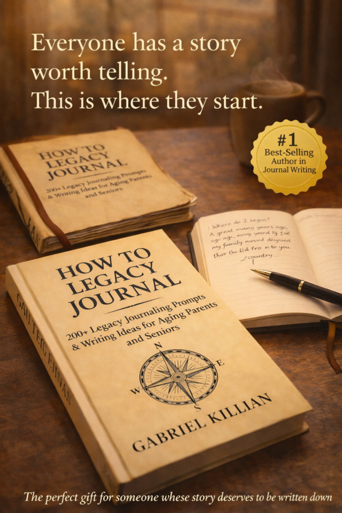 How to Legacy Journal by Gabriel Killian beside an open first journal entry and a worn gifted copy with overlay text reading Everyone has a story worth telling, this is where they start