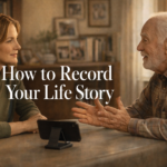 Adult daughter and elderly father seated at a dining table, smartphone recording their life story interview conversation, warm home setting with family photos in background