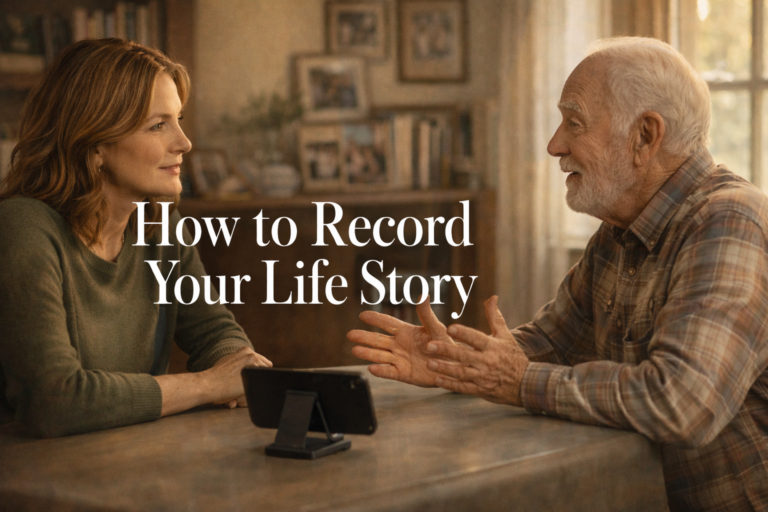 Adult daughter and elderly father seated at a dining table, smartphone recording their life story interview conversation, warm home setting with family photos in background