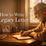 Older man writing a legacy letter by hand at a wooden desk in warm afternoon light with family photos in the background
