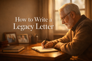 Older man writing a legacy letter by hand at a wooden desk in warm afternoon light with family photos in the background