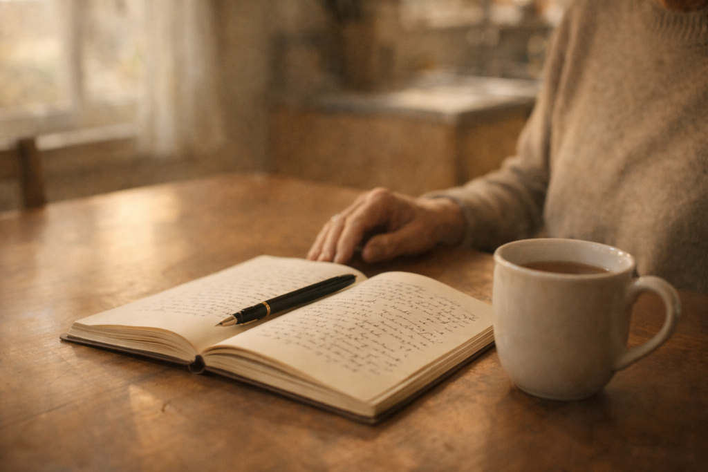Older adult writing in a legacy journal at a kitchen table during a quiet morning with soft natural window light