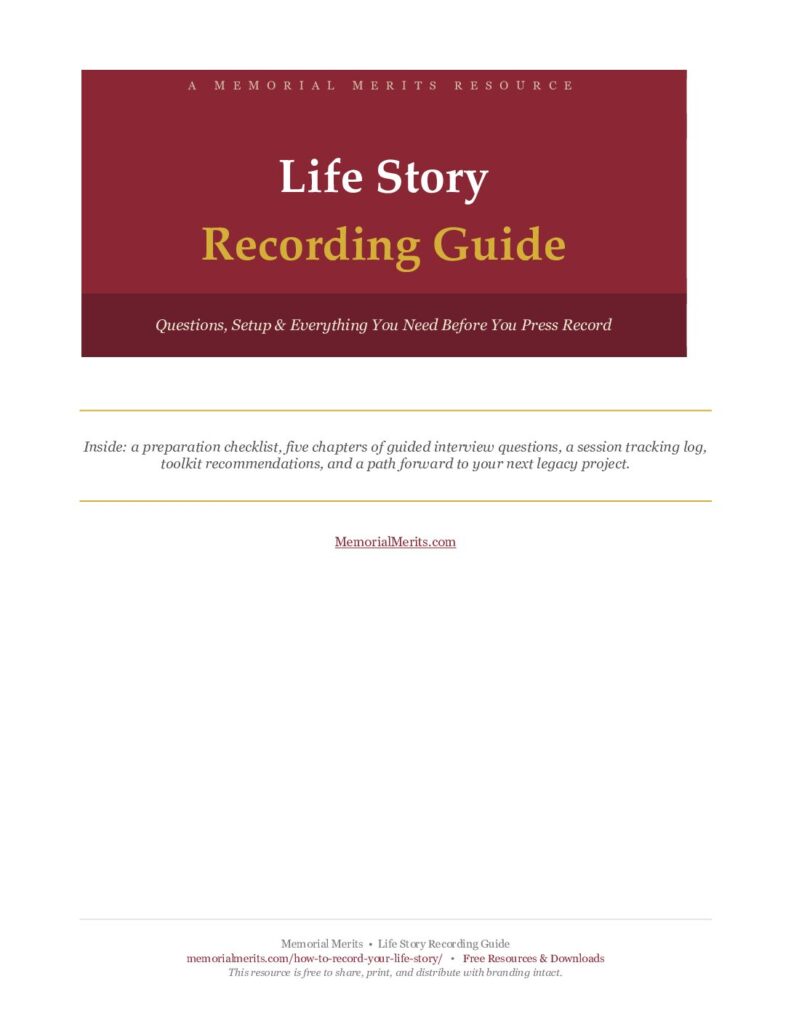 Cover of the Life Story Recording Guide workbook showing the title in gold and white text on a deep burgundy background, a Memorial Merits resource for recording and preserving family stories
