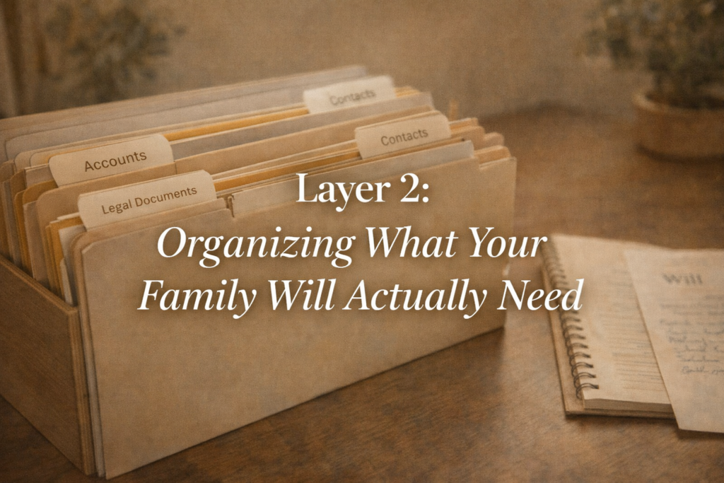 Neatly labeled folders and organized estate documents on a wooden desk, representing Layer 2 of a complete digital legacy plan