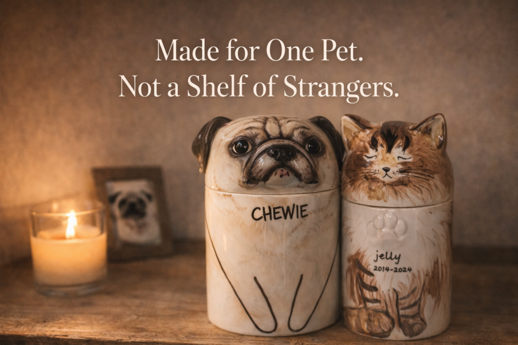 Hand-painted ceramic dog and cat pet cremation urns with sculpted heads and lettered names displayed on a wooden shelf in warm home lighting