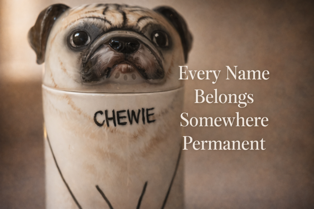 Close-up of hand-painted ceramic pet cremation urn showing pet name lettered across the body in warm natural light