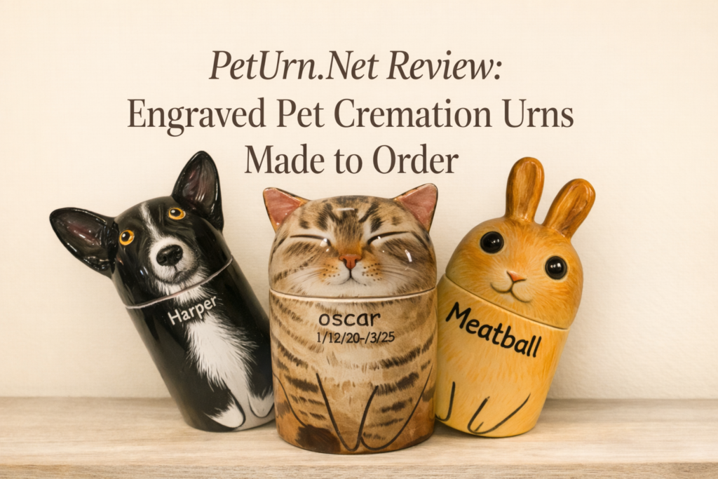 Three hand-painted ceramic pet cremation urns shaped like a dog, cat, and rabbit with names Harper, Oscar, and Meatball lettered on each, displayed on a wooden shelf