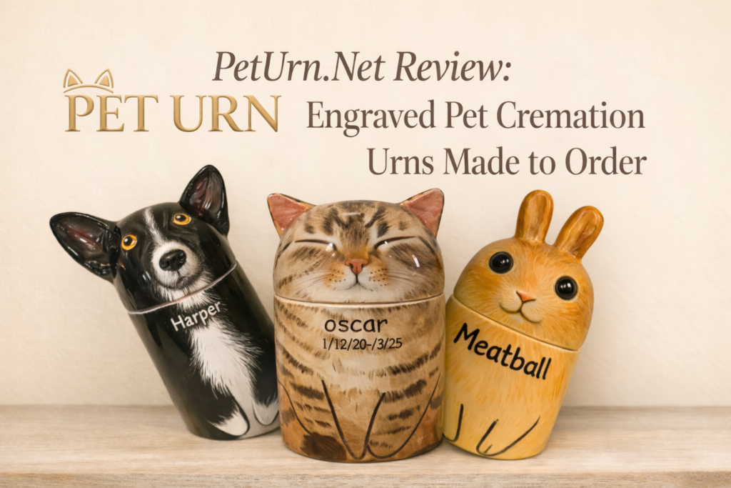 Three hand-painted ceramic pet cremation urns shaped like a dog, cat, and rabbit named Harper, Oscar, and Meatball displayed on a wooden shelf with the PetUrn logo and review title