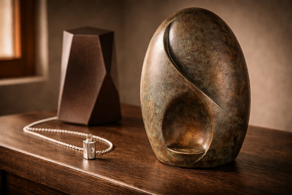 Close editorial detail of a Pulvis handcrafted cremation urn with warm bronze patina finish resting on a dark wood surface in soft window light