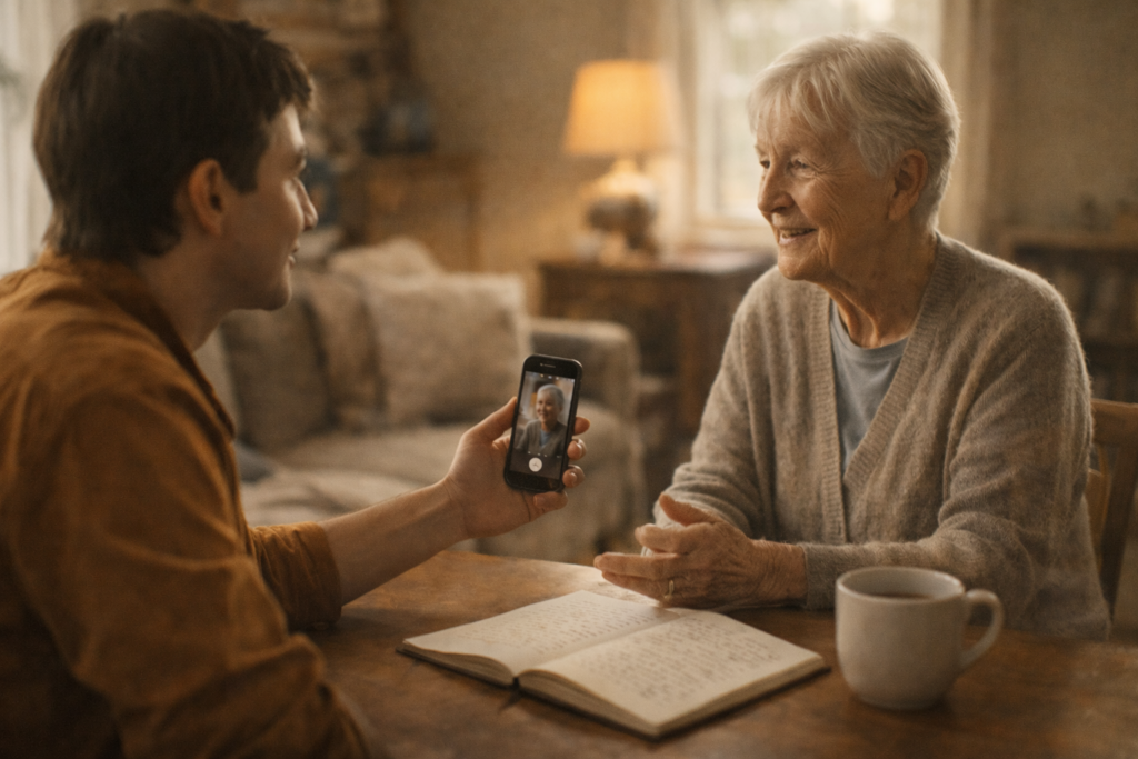 Adult child recording an older parent sharing family stories at home during a relaxed conversation