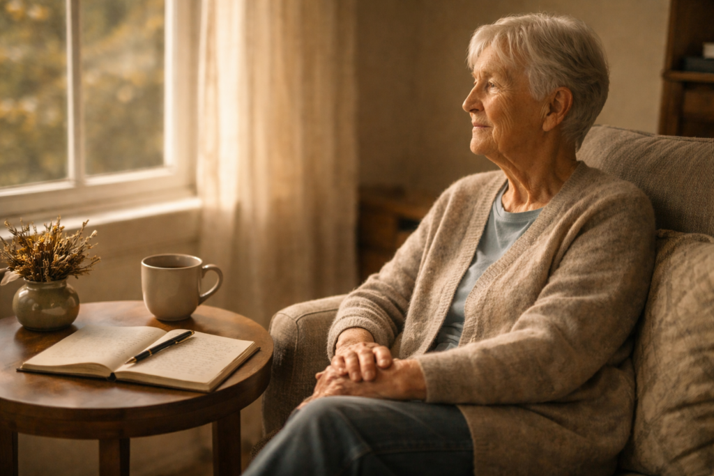 Older adult sitting by a window in warm afternoon light reflecting on personal values and the legacy they want to leave behind
