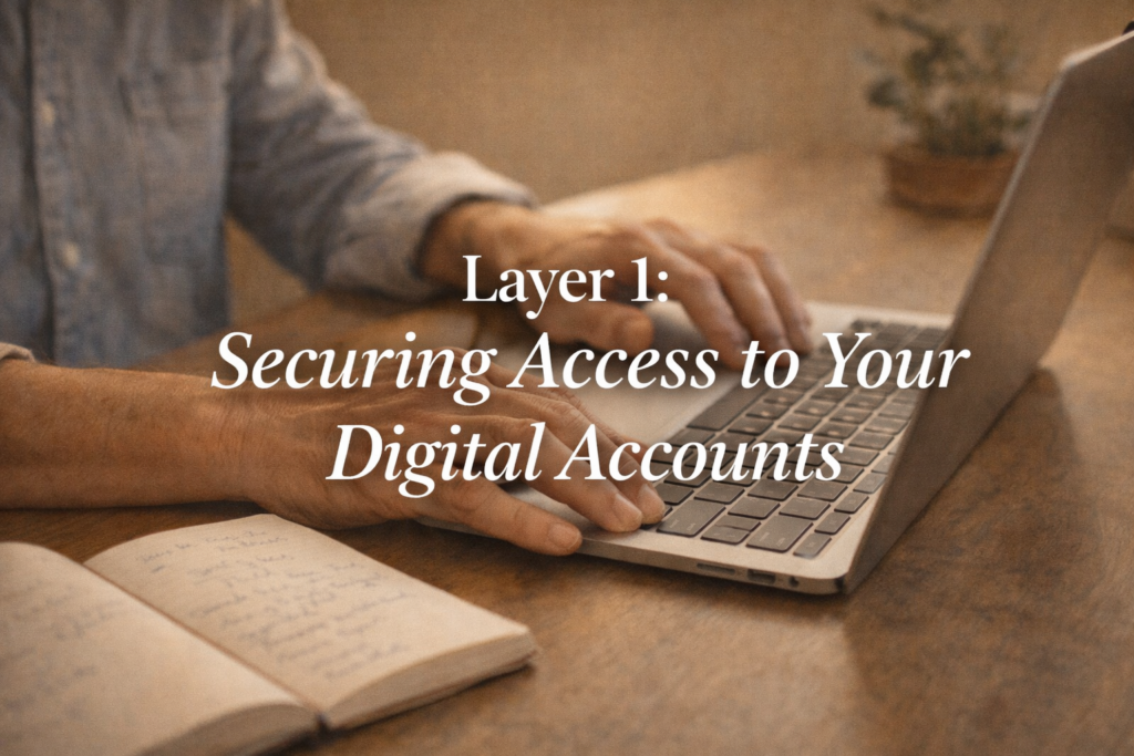 Hands typing on a laptop beside an open notebook, organizing digital account inventory for estate planning
