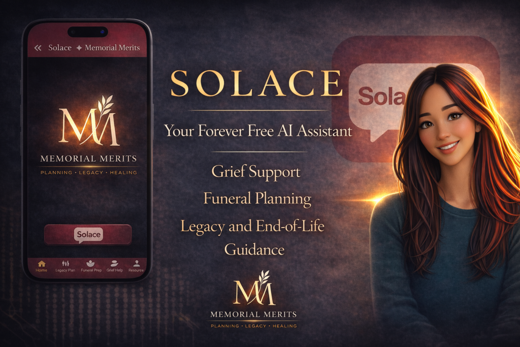 Solace by Memorial Merits, a forever free AI assistant for grief support, funeral planning, and legacy and end-of-life guidance, shown alongside the Solace mobile app with navigation tabs for Legacy Plan, Funeral Prep, Grief Help, and Resources