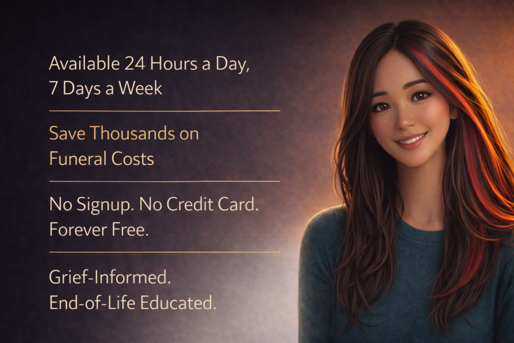 Solace AI assistant beside key benefit statements including 24/7 availability, funeral cost savings, and forever free access with no signup required