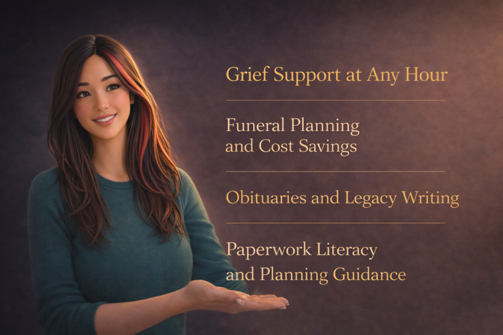 Solace AI assistant gesturing toward a list of her core use cases including grief support, funeral planning, obituary writing, and end-of-life guidance