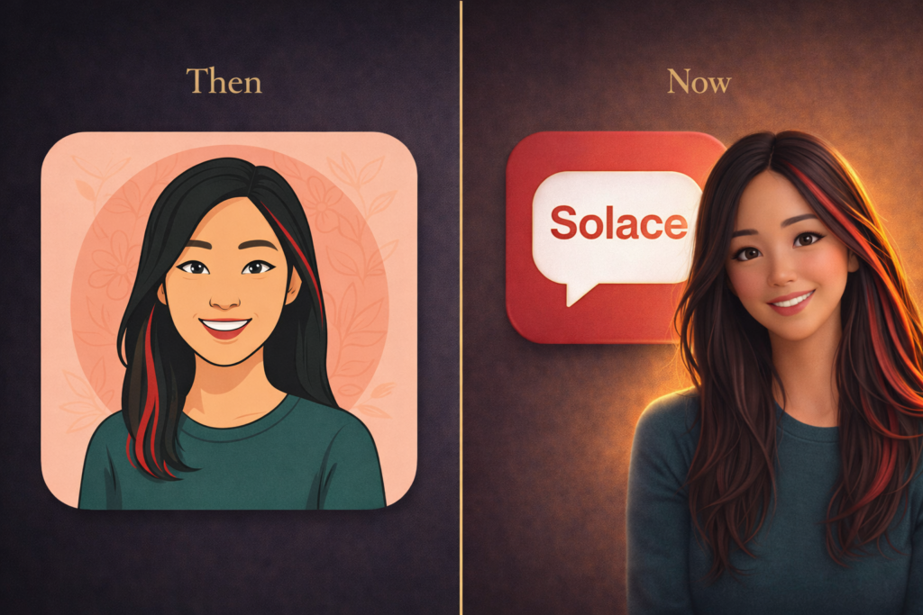 Side by side comparison of the original Solace cartoon illustration and the current near-human CGI redesign showing her visual evolution