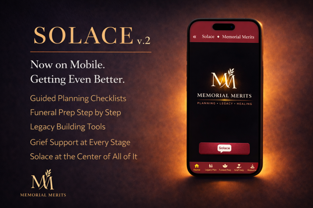 Solace v.2 mobile app teaser showing coming features including guided planning checklists, funeral prep step by step, legacy building tools, and grief support with the Solace app screen mockup