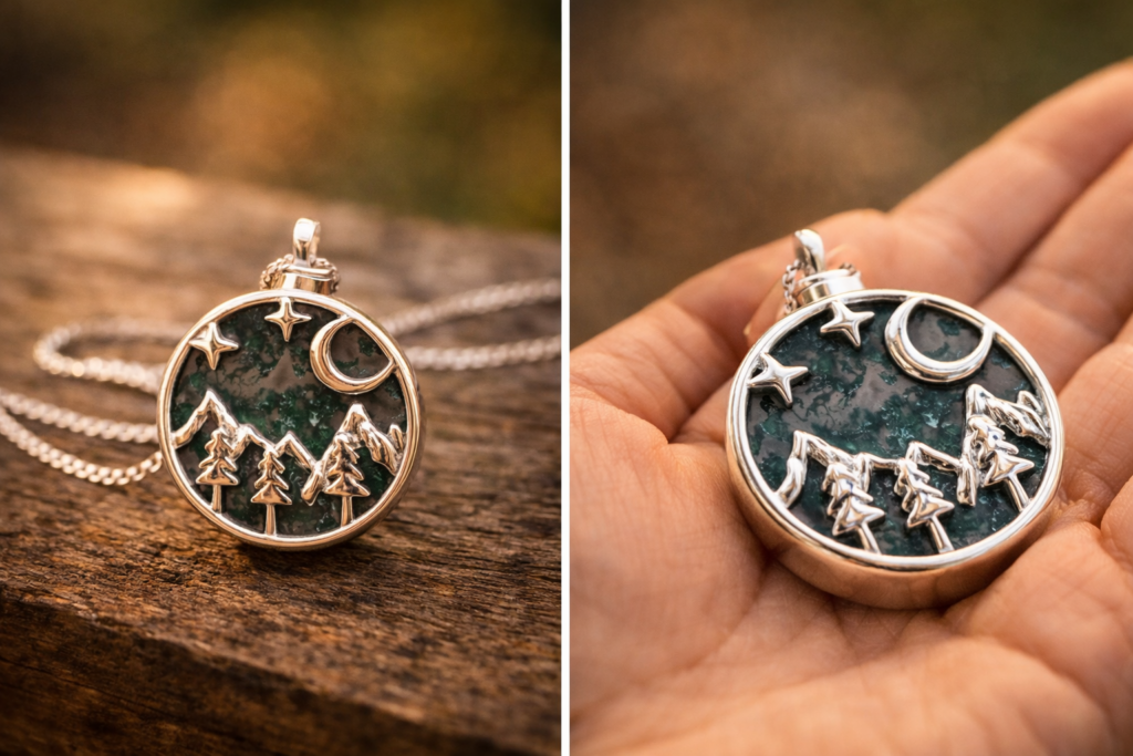 Artisan cremation jewelry pendant resting on a wooden surface in warm natural light, a wearable memorial keepsake for horse owners