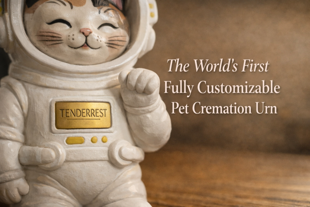 Close-up of a handmade ceramic TenderRest astronaut pet cremation urn showing artisan spacesuit detail on a warm wooden surface