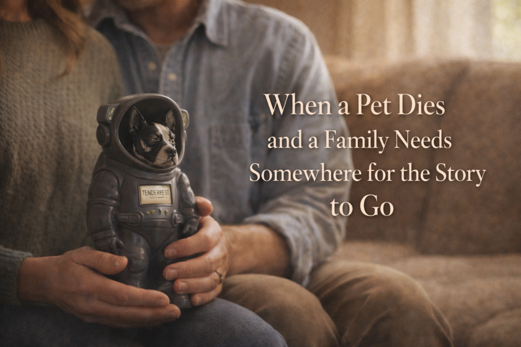 Two adults sitting together on a couch, one holding a TenderRest ceramic astronaut pet urn with quiet tenderness in warm afternoon light