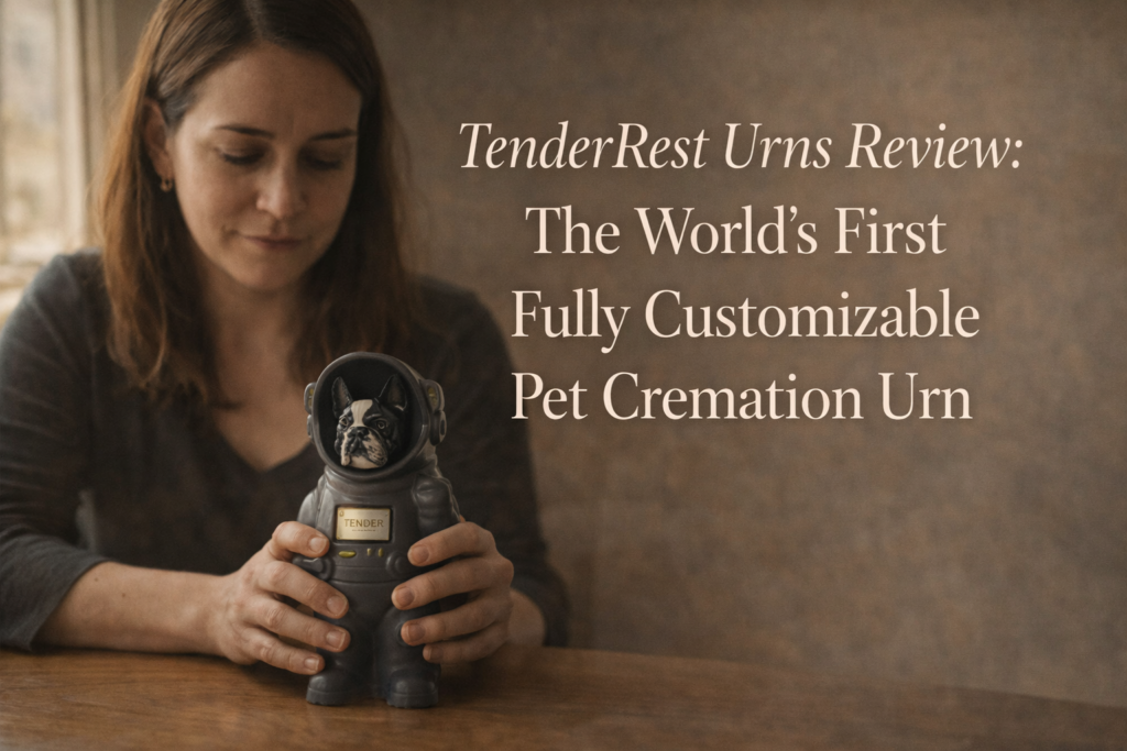 Woman holding a handmade ceramic TenderRest astronaut pet cremation urn at a warm wooden table, soft window light