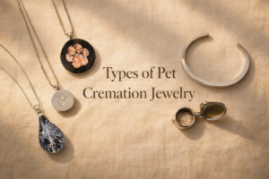 Five types of pet cremation jewelry arranged on cream linen, including a glass-infused pendant, resin paw print disc, stainless steel paw chamber pendant, locket, and cremation bracelet