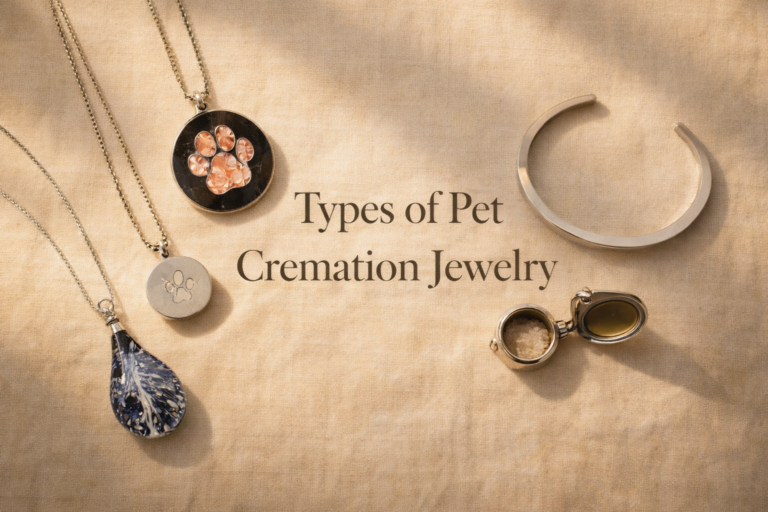 Five types of pet cremation jewelry arranged on cream linen, including a glass-infused pendant, resin paw print disc, stainless steel paw chamber pendant, locket, and cremation bracelet
