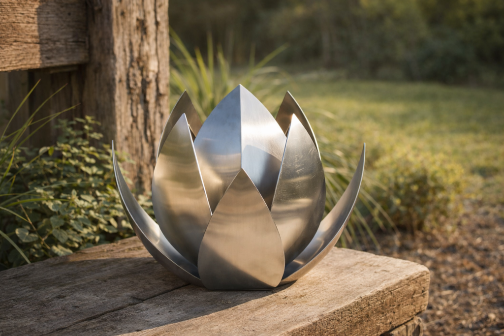Stainless steel Lotus cremation urn from Urns for Angels displayed outdoors near a barn fence in warm afternoon light surrounded by soft green plants