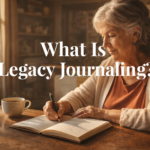 Older woman writing in a legacy journal at a sunlit kitchen table, capturing memories and life stories for future generations