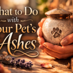 Woman holding a small ceramic pet urn on a wooden table in warm window light, soft dried flowers nearby