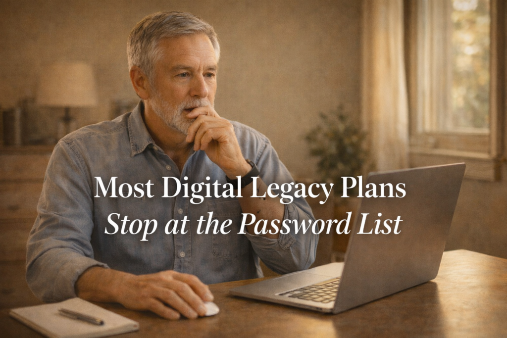 Person at a desk looking at a laptop with a thoughtful expression, realizing their digital legacy plan is incomplete