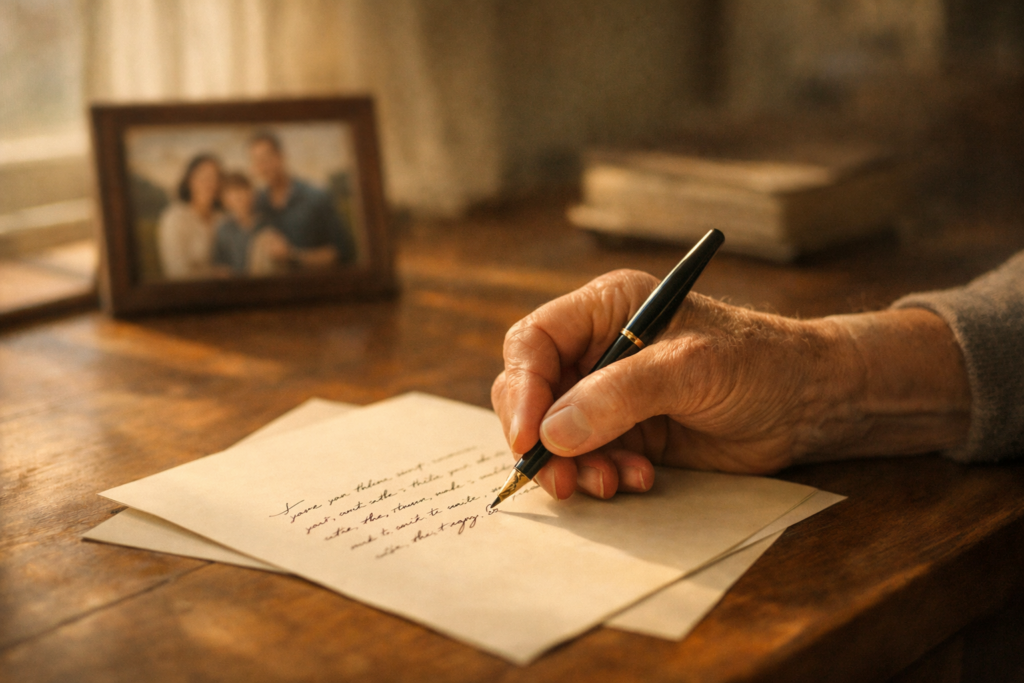 Older adult writing a personal legacy letter by hand on cream stationery at a wooden desk with a family photograph in the background